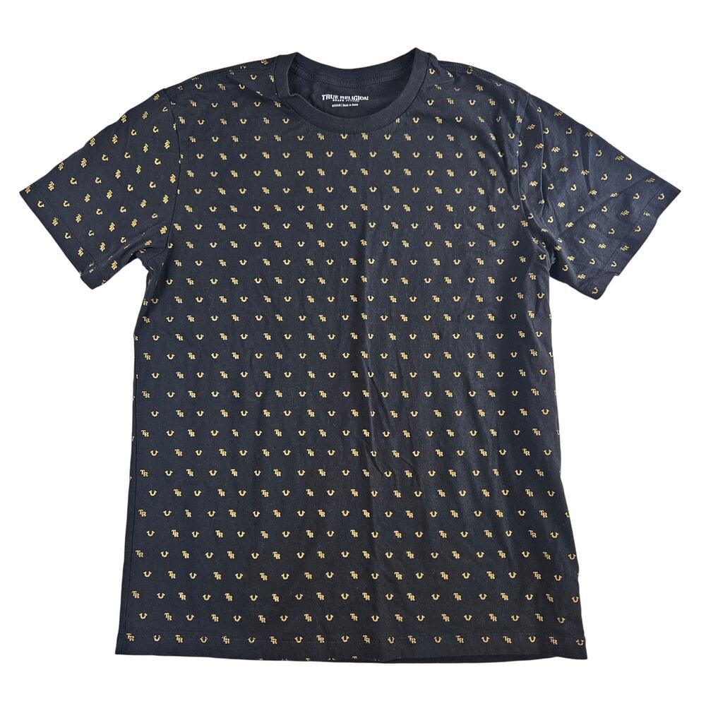 True Religion Men's All Over Monogram Tee T-Shirt Black and Gold Size Medium